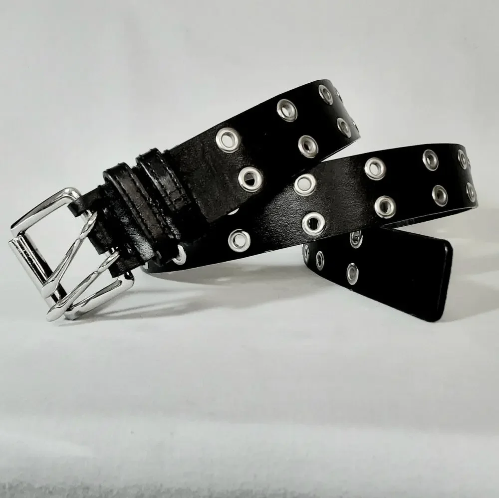 💎Black Unisex Double Silver Tone Grommet Faux Leather Belt Size XL Punk Rock